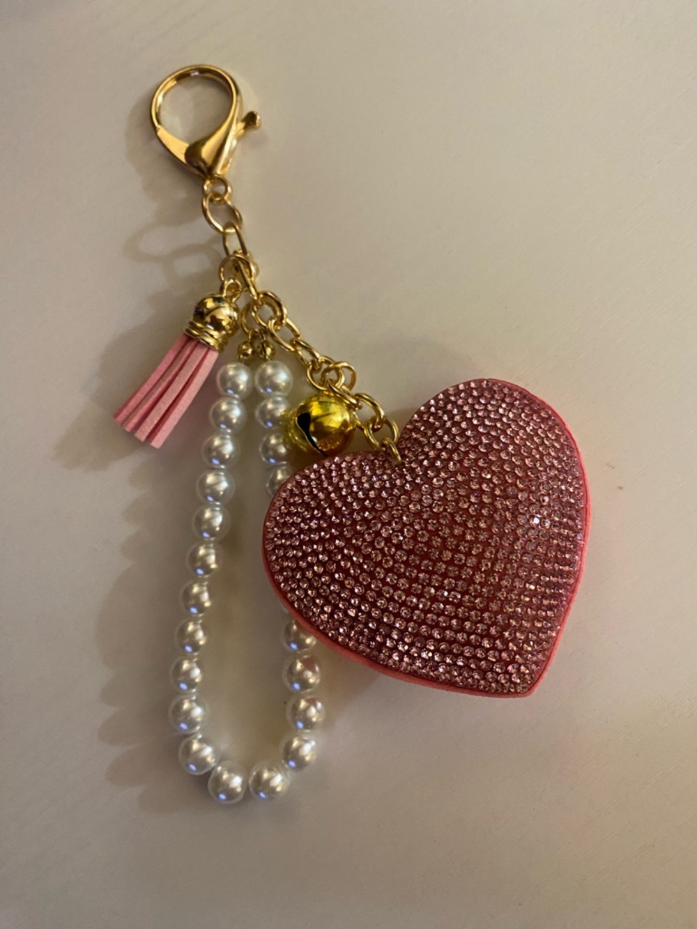 Pink Heart Crystal Purse Charm with Pearl Strap
